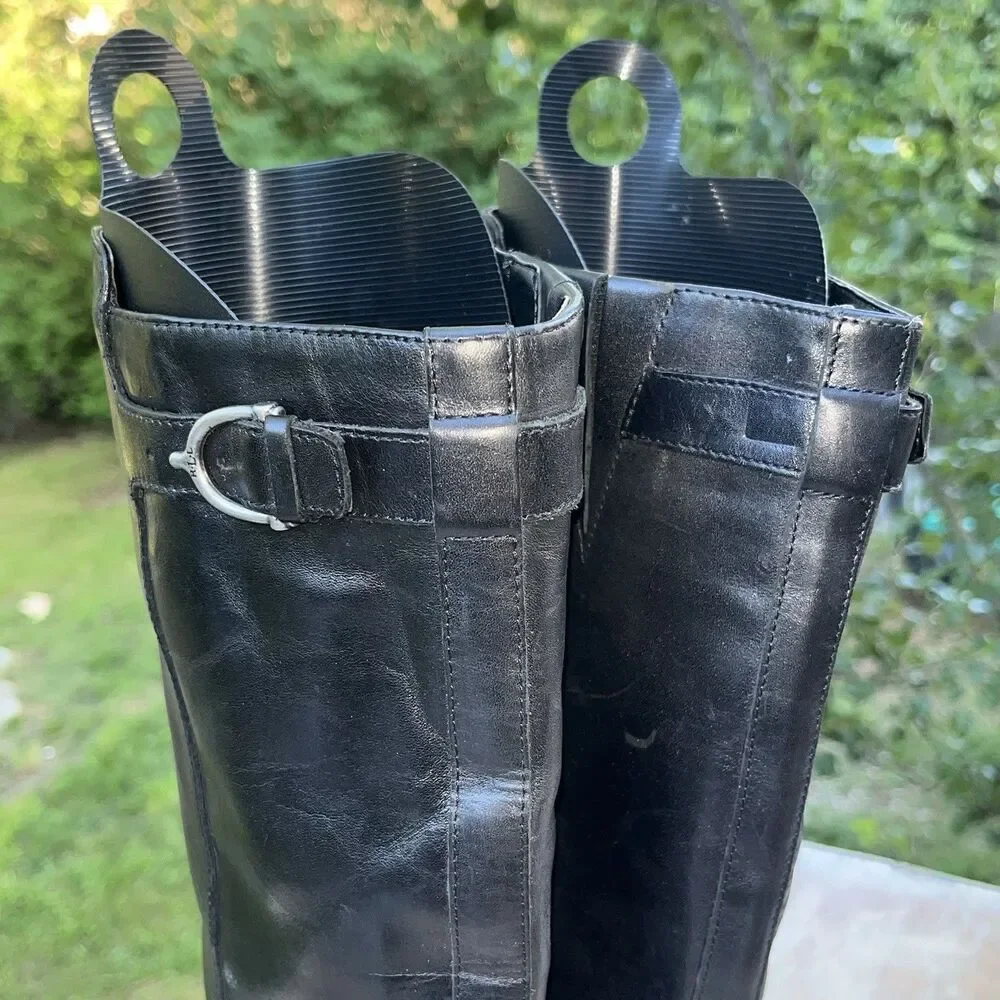 Lauren Ralph Lauren Margarite Black Leather Knee High Riding Boots 8B Buckle Zip
